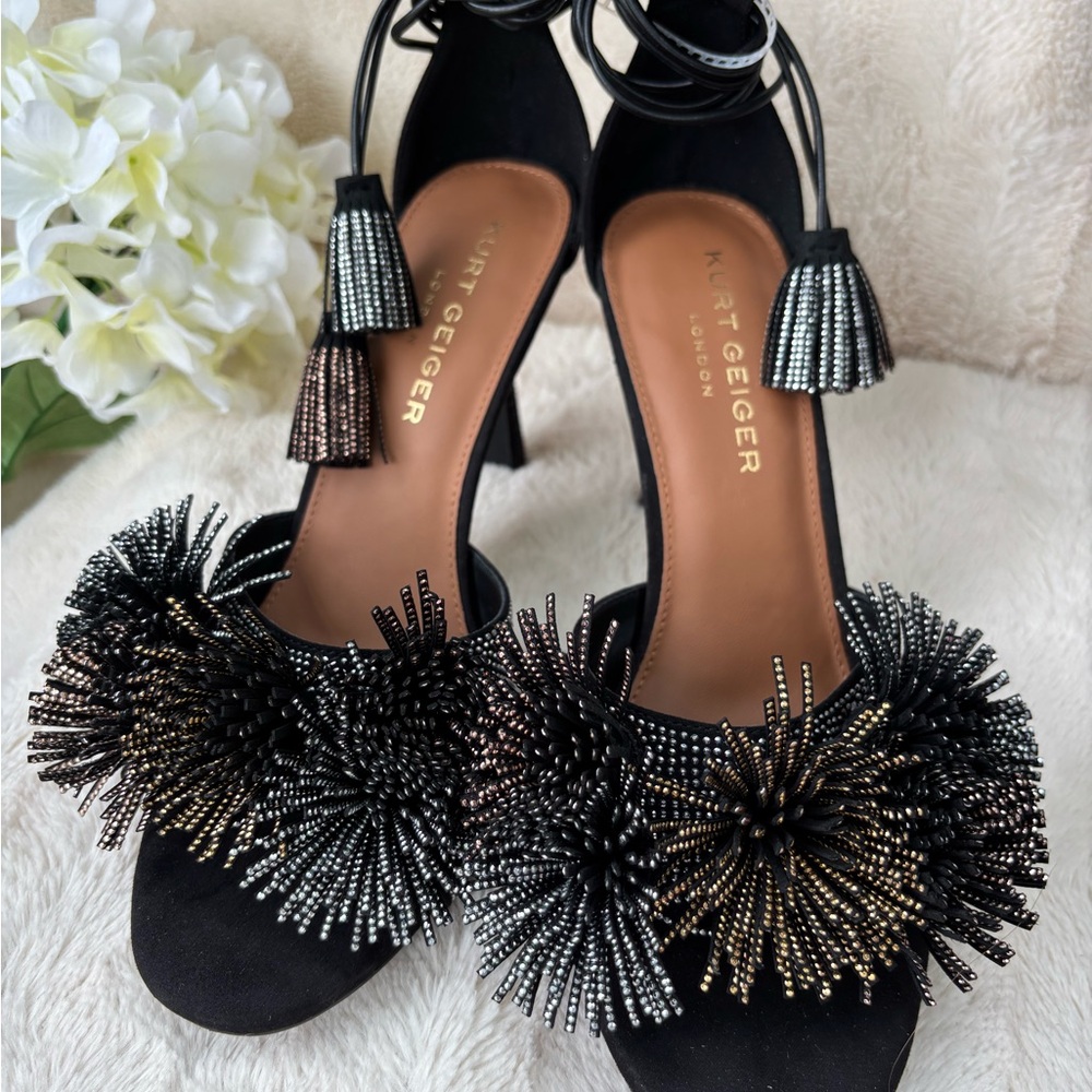 Kurt Geiger Black Suede Pom-Pom Embellished Lace-Up Heels size 10